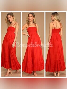 Nwt Lulu's Red Swiss Dot Smocked Cutout Tiered Maxi Dress